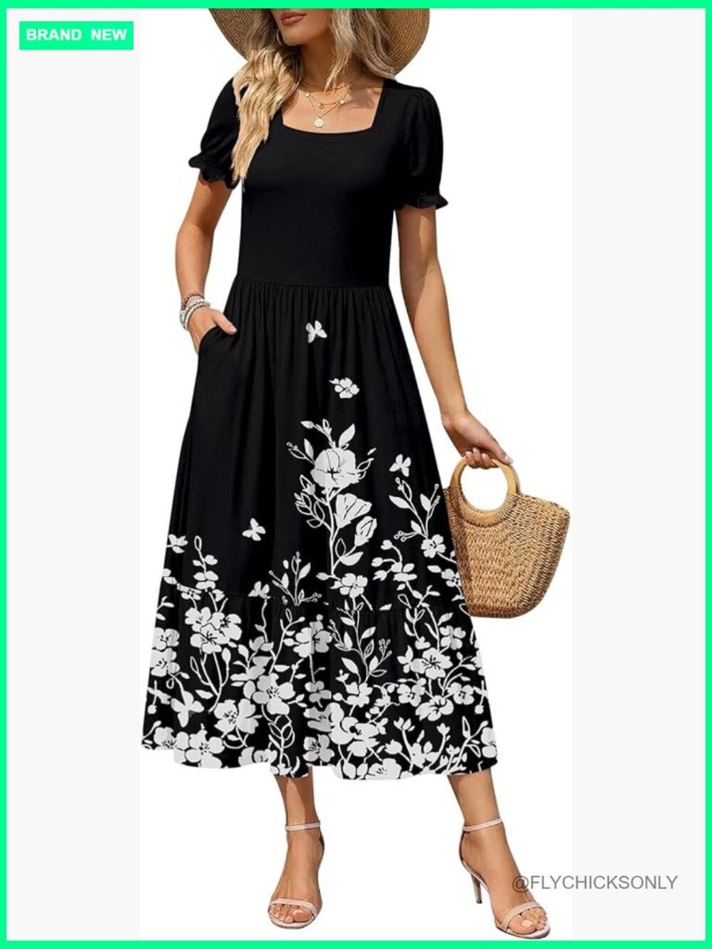 Flowy Casual Midi Dress with Pockets, Short Sleeve Tiered Summer Dress